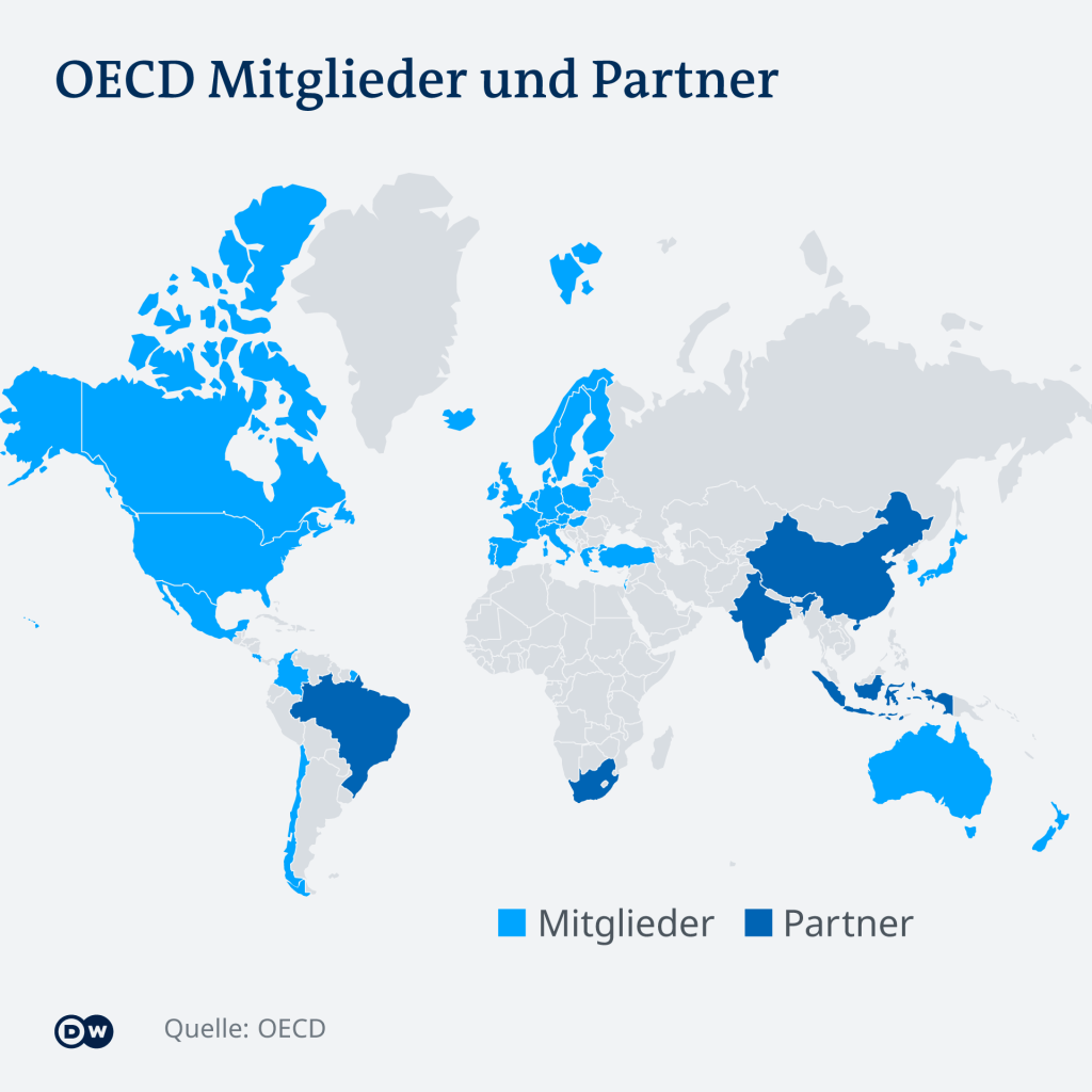 Vor allem westliche Staaten sind Mitglied in der OECD, wie in der Grafik zu sehen.